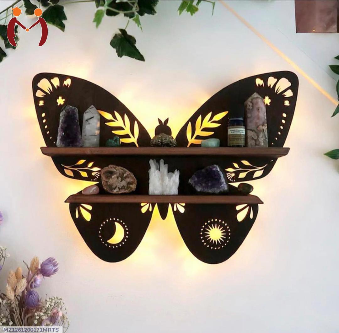 Butterfly  Wooden Wall Shelf Design With Background Lighting
