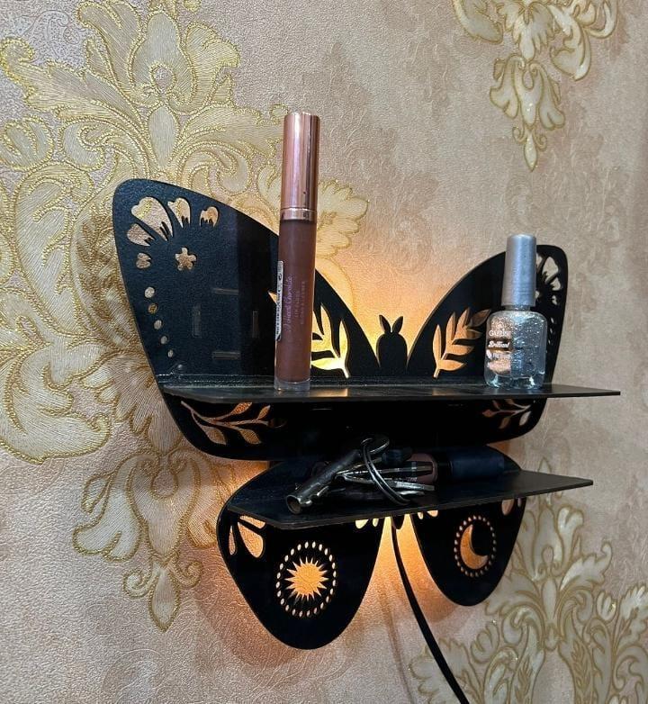 Butterfly  Wooden Wall Shelf Design With Background Lighting