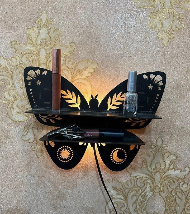 Butterfly  Wooden Wall Shelf Design With Background Lighting